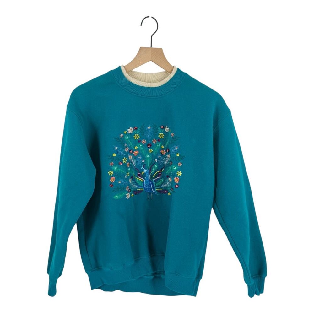 Vintage Teal Peacock Embroidered Sweatshirt Crewneck Pullover Floral Statement